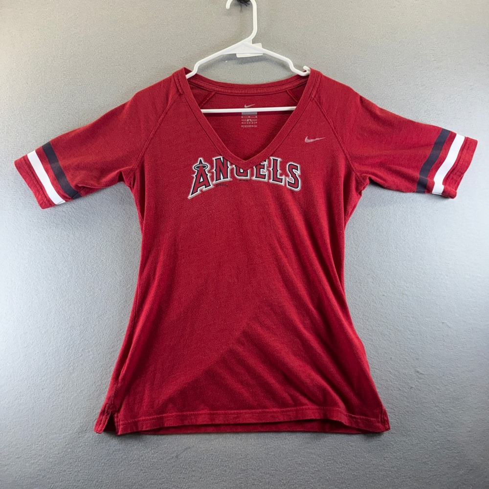 Nike Los Angeles Angels MLB V-Neck T-Shirt Red Womens Medium Sporty Raglan Tee